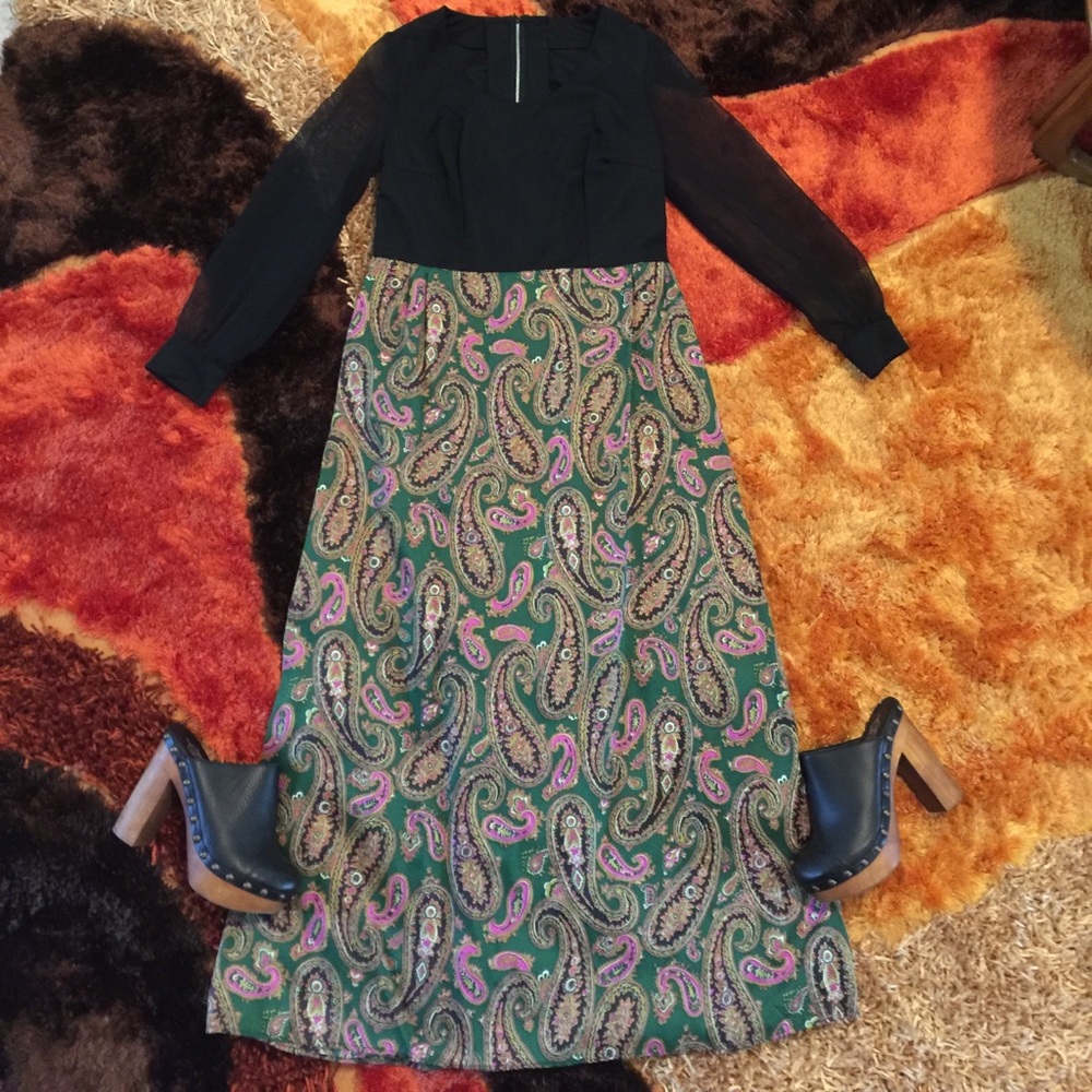 Vintage 60's Boho Paisley Sheer Sleeve Maxi Dress